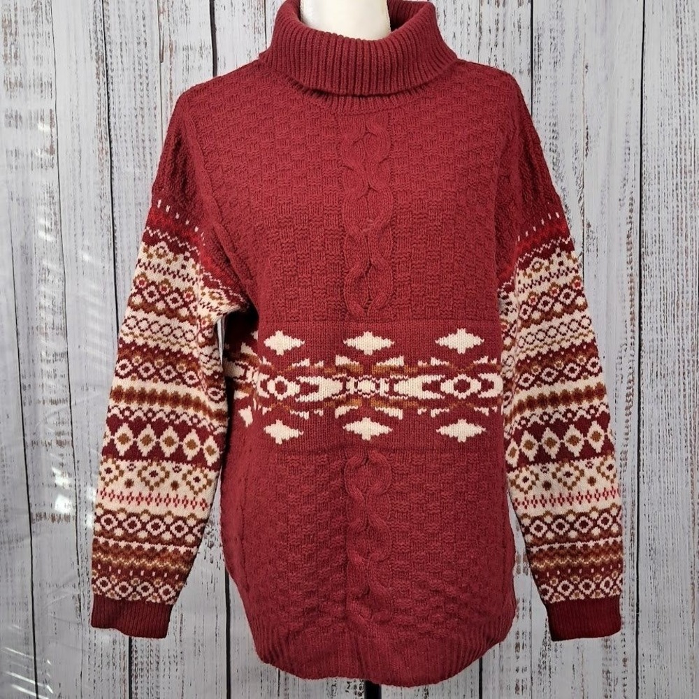 Vintage ORVIS M Women's Red Fair‎ Isle Sweater Snowflake Turtleneck 100% Wool